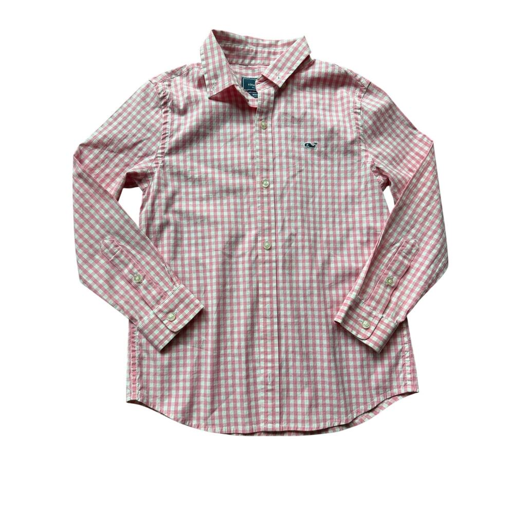 Vineyard Vines performance whale shirt pink gingham boys 7